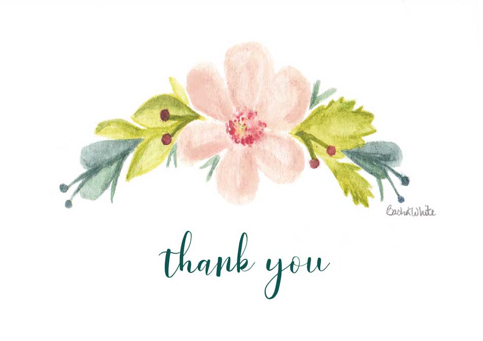 Pink flower with blue and green and the words Thank You underneath
