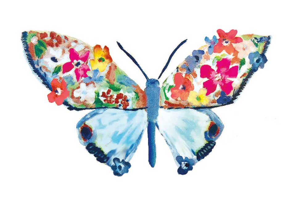 Multicolored Watercolor Butterfly with Blue Wings and Flowers on the top half of wings